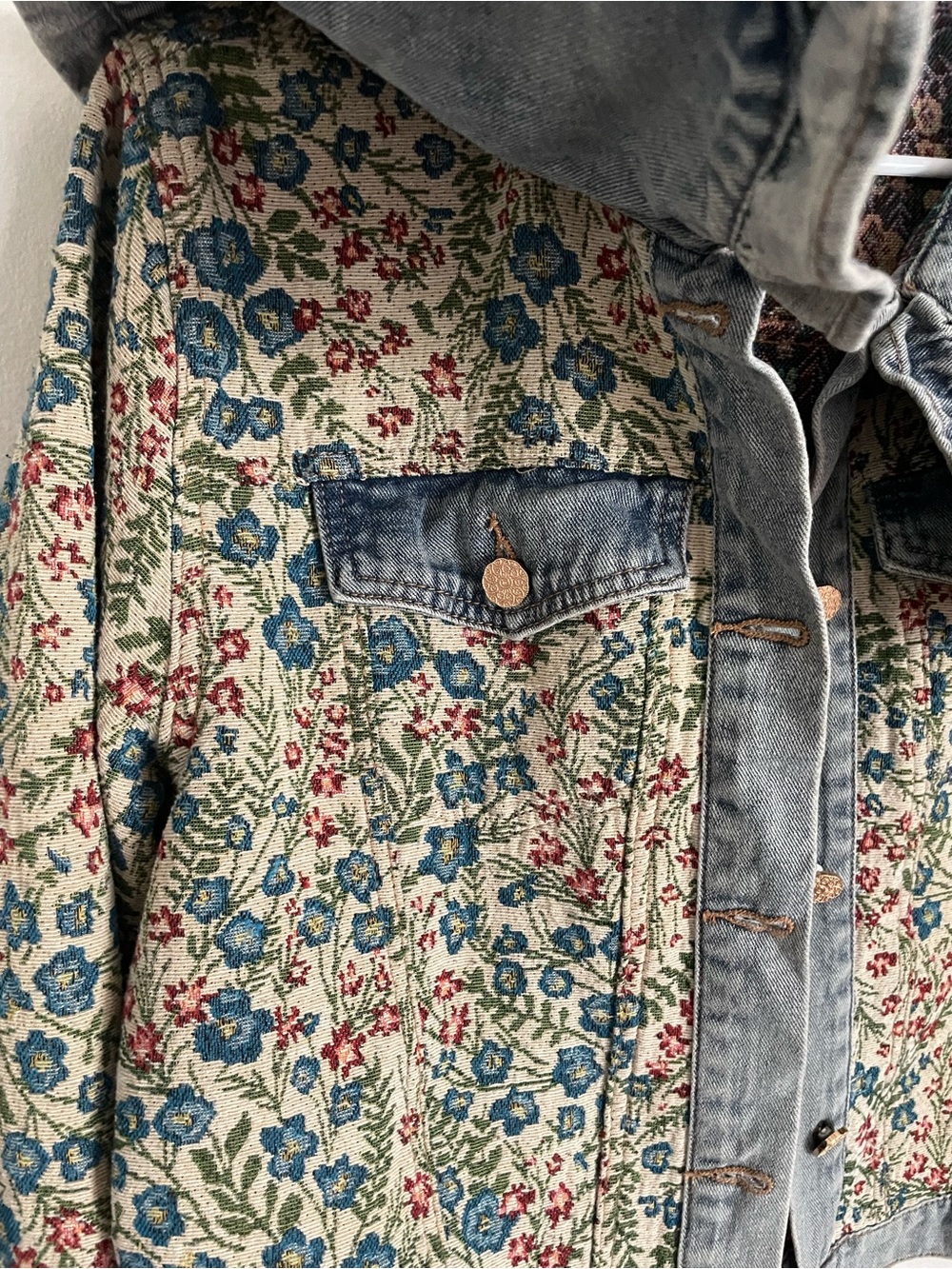 Floral Jacquard Denim Jacket with Peter Pan collar Cottagecore Sz L XL - Picture 3 of 8